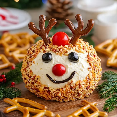 A festive cheese ball shaped like a reindeer, decorated with pretzel antlers, a cherry nose, and black olive eyes, surrounded by holiday-themed snacks.