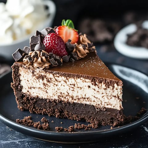 A slice of chocolate cheesecake topped with whipped cream, chocolate shavings, and a strawberry, served on a black plate.