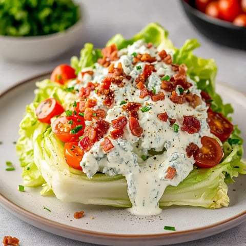 A colorful salad featuring romaine lettuce topped with cherry tomatoes, crumbled bacon, and a creamy dressing, served on a plate with chopped herbs in the background.