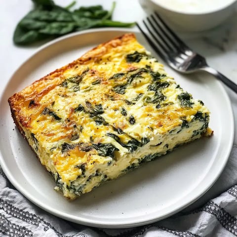 A slice of baked spinach and cheese casserole on a white plate, with a fork and a small bowl in the background.