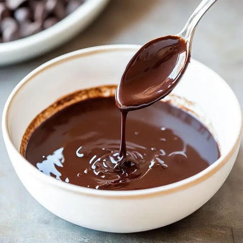 A spoon is lifting melted chocolate from a bowl, with chocolate chips visible in the background.