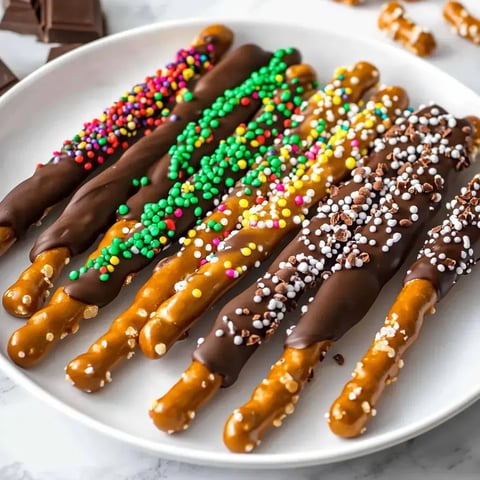 A plate of chocolate-covered pretzel sticks decorated with various colorful sprinkles.