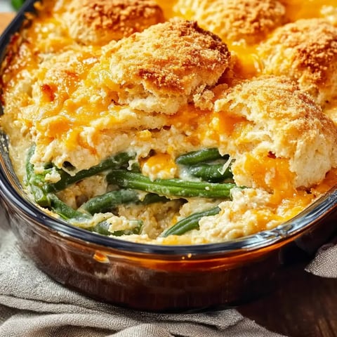 A close-up of a baked green bean casserole topped with golden, crispy biscuits and melted cheese.