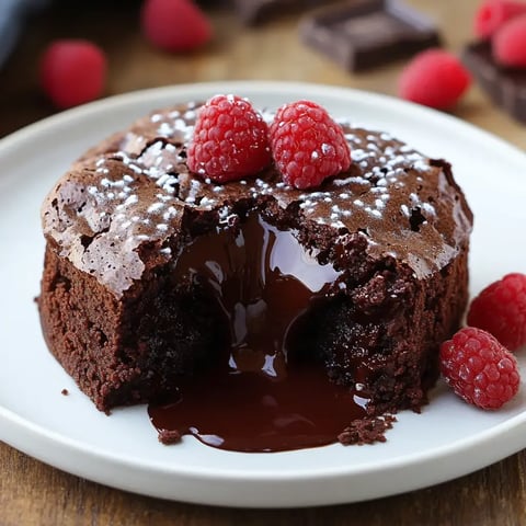 A warm, molten chocolate lava cake is shown on a plate, topped with raspberries and dusted with powdered sugar.