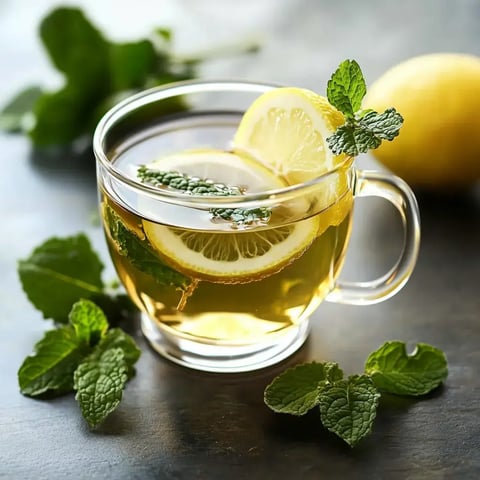 A clear glass cup of lemon tea garnished with lemon slices and fresh mint leaves, accompanied by a whole lemon and mint leaves on the surface.