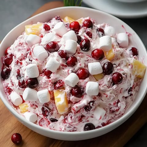 A bowl of colorful fruit salad featuring cranberries, pineapple, and mini marshmallows mixed in a creamy dressing.