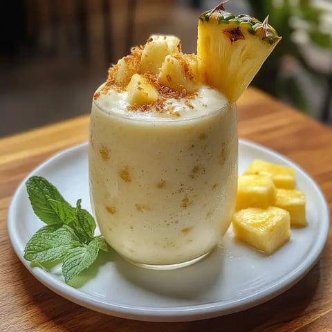 A refreshing frosty beverage topped with pineapple chunks and garnish, served with diced pineapple on the side.