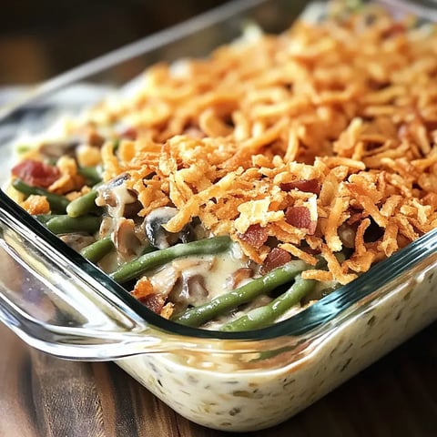 A baked casserole dish featuring green beans, creamy sauce, and a crispy onion topping.