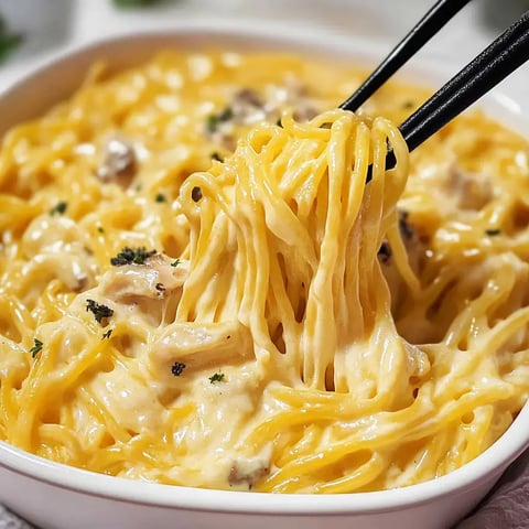 A close-up of creamy pasta being lifted with chopsticks from a bowl.