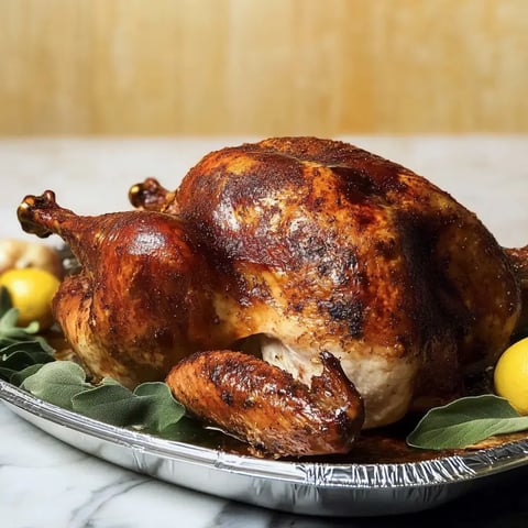 A beautifully roasted chicken resting on a platter with herbs and lemon.