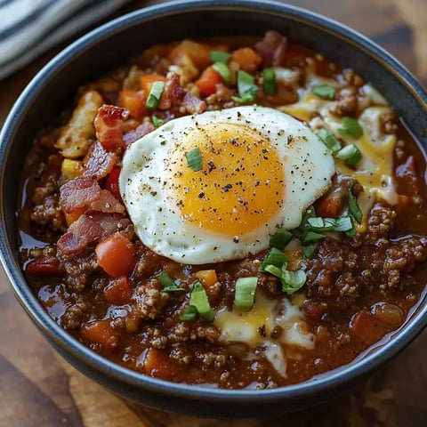 A bowl of hearty chili topped with a sunny-side-up egg, crispy bacon, diced tomatoes, and chopped green onions.