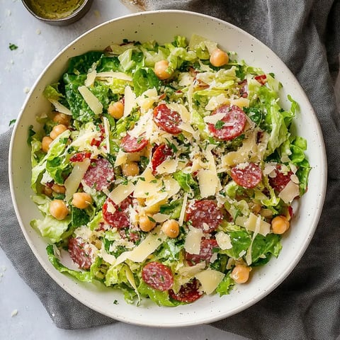 A vibrant salad bowl filled with chopped romaine lettuce, chickpeas, slices of salami, and grated cheese, garnished with herbs.