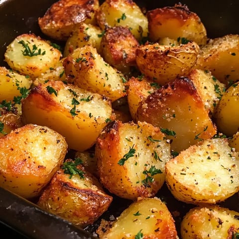 A close-up of golden-brown roasted potatoes garnished with fresh herbs.