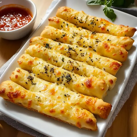 A plate of cheese sticks topped with herbs, accompanied by a bowl of marinara sauce.