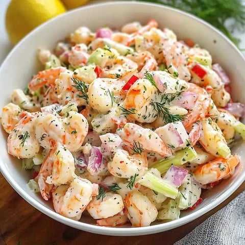 A close-up view of a bowl of shrimp salad mixed with diced vegetables and herbs, garnished with dill.