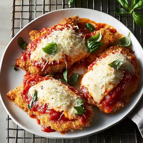 A plate of breaded chicken topped with marinara sauce, melted cheese, and fresh basil leaves.