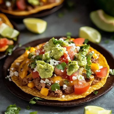 A colorful tostada topped with seasoned meat, cheese, diced tomatoes, guacamole, cilantro, and crumbled cheese, served on a dark plate with lime wedges in the background.