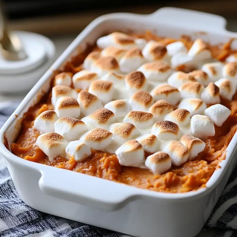 A white baking dish filled with sweet potato casserole topped with toasted mini marshmallows.