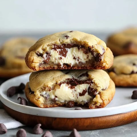 Two chocolate chip cookies are stacked on a plate, with one cookie cut in half to reveal a creamy filling and melted chocolate inside.