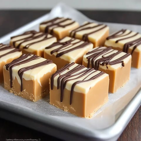 A close-up of rectangular caramel squares topped with a layer of white chocolate and drizzled with dark chocolate, arranged on a plate.