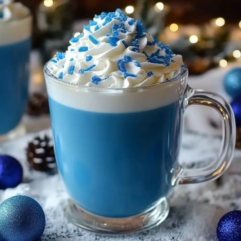 A clear glass mug filled with blue beverage topped with whipped cream and blue sprinkles, set against a festive background with holiday decorations.