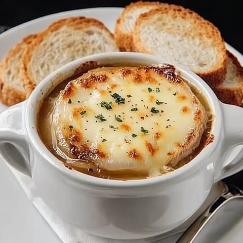 A bowl of French onion soup topped with melted cheese, served with slices of toasted bread on the side.