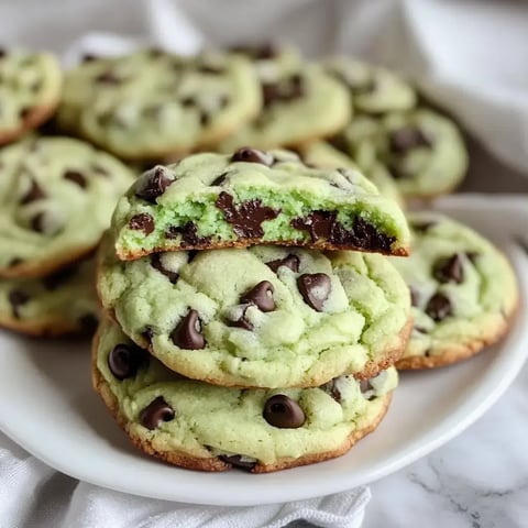 A stack of green, chocolate chip cookies with one cookie split in half to reveal its mint green interior.