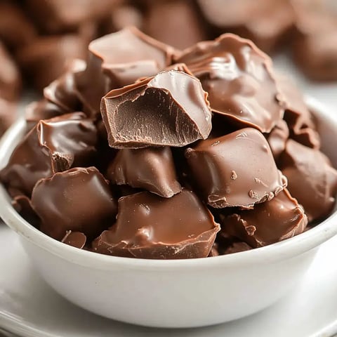 A white bowl filled with chunks of smooth chocolate, some of which are partially broken.