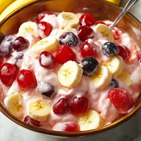 A bowl of creamy fruit salad featuring sliced bananas, red and black cherries, and grapes mixed in a pink dressing.