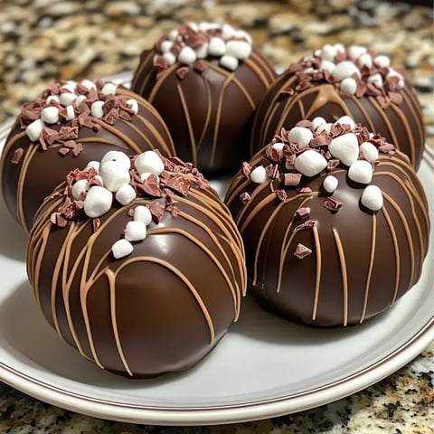 A plate of five elegantly decorated chocolate balls topped with mini marshmallows and pink chocolate shavings.