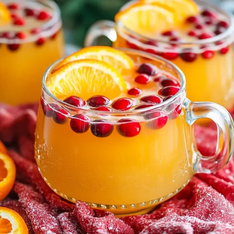 Three clear mugs filled with orange beverage, garnished with cranberries and orange slices, rest on a red cloth with orange slices nearby.