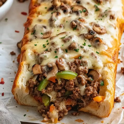 A stuffed loaf of bread filled with ground beef, green peppers, mushrooms, and melted cheese, garnished with parsley.