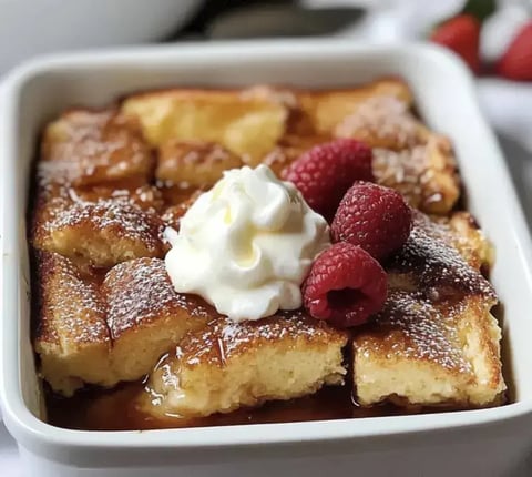 A baked dessert with fluffy pieces topped with whipped cream, raspberries, and powdered sugar, served in a white dish.