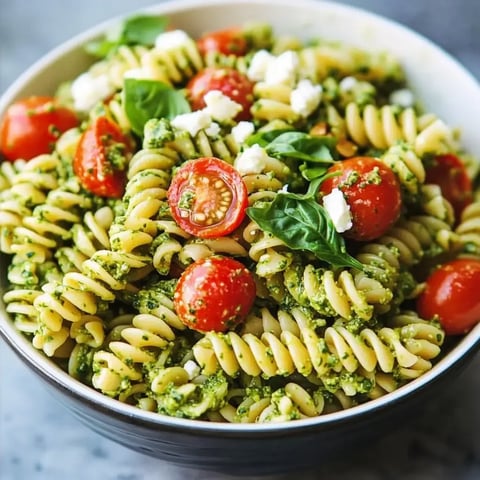 A bowl of pasta salad featuring spiral noodles, cherry tomatoes, basil, and pesto.