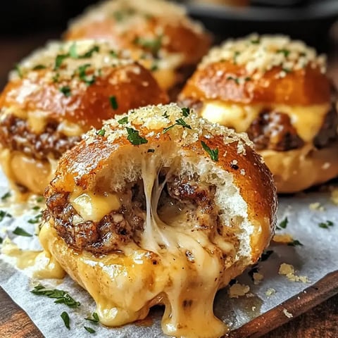 A close-up of a cheesy meat-filled roll that has been partially bitten into, showcasing melted cheese and a golden, crispy top, garnished with parsley and breadcrumbs.