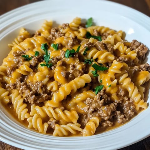 A bowl of rotini pasta topped with seasoned ground beef and melted cheddar cheese, garnished with fresh parsley.