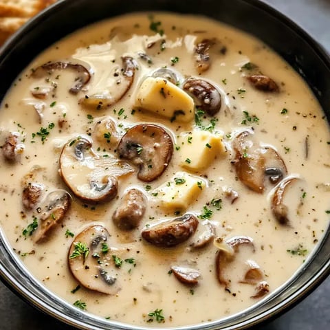 A close-up image of creamy mushroom soup with slices of mushrooms, chunks of butter, and garnished with green herbs.