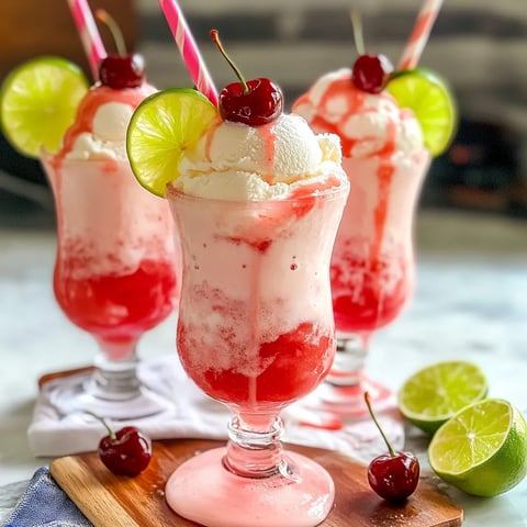 Three glasses of pink and red drinks with cherries on top.