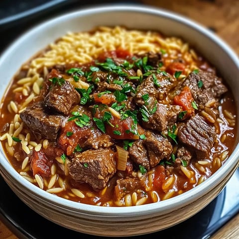 A bowl of beef stew with noodles and vegetables.