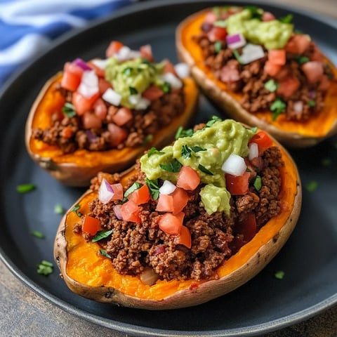 Two slices of baked sweet potato with meat and salsa on top.