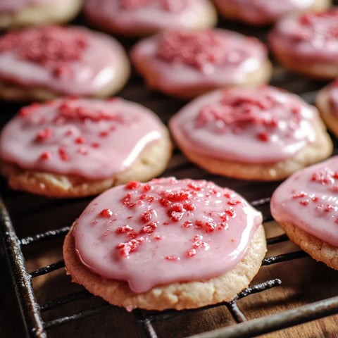 A tray of pink frosted cookies with red sprinkles.