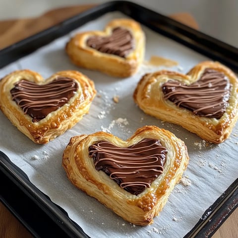 A tray of heart-shaped pastries with chocolate drizzles on them.