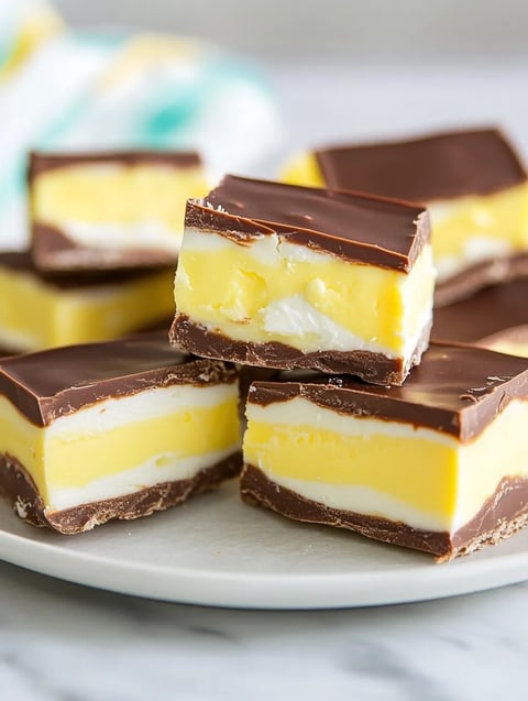 A plate with a variety of desserts, including a piece of cake with white and yellow filling.