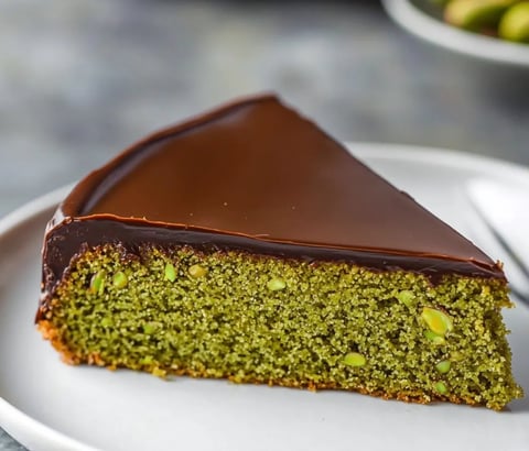 A slice of chocolate cake with green toppings on a white plate.