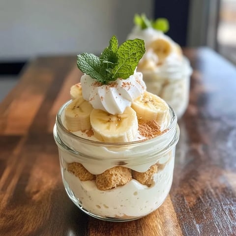 A glass of banana and mint cream sits on a wooden table.