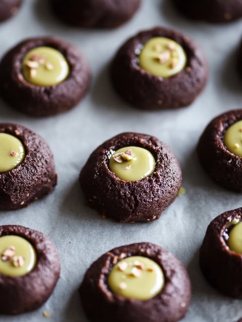 A plate of chocolate cookies with green toppings.