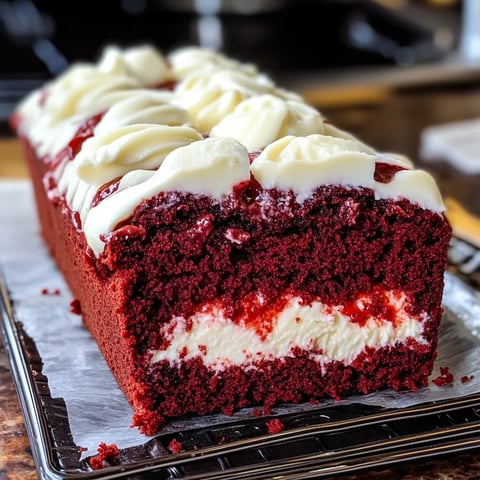 A red velvet cake with white frosting and red icing.