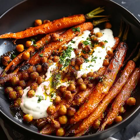 A bowl of food with carrots and hummus.