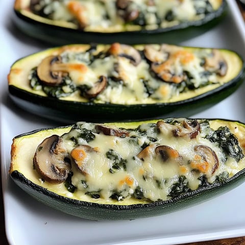 Three zucchini boats filled with mushrooms and cheese.