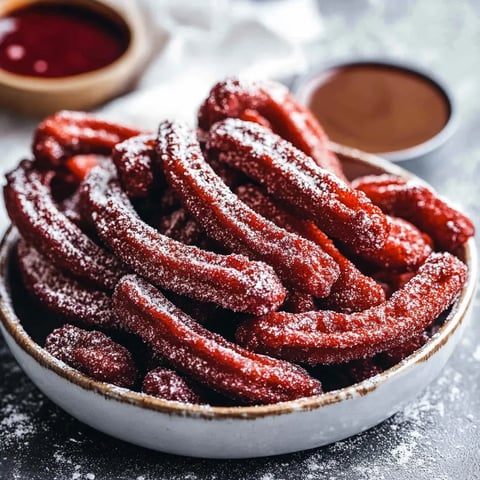 A bowl of red twisted dough with a drizzle of chocolate sauce.